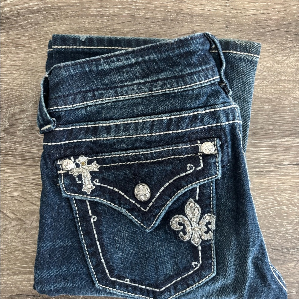 Miss Me Dark Blue Boot Cut Jeans with Silver Accents
